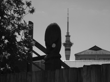  Taken from the fenceline of the AUT Marae Symonds St, I like the different Architecture here. Taken on Fuji Finepix F10 in B & W setting